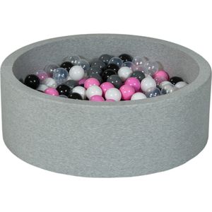 Ballenbak 90 cm met 300 ballen zwart, wit, transparant, licht roze, grijs