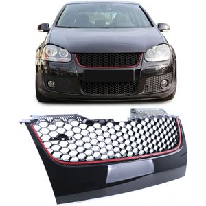 Honingraat grill - VW Golf 5 GTI 03-09 - Zwart glans - Rode balk