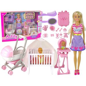 Modepop Anlily - moeder met 2 baby's - met accessoires - roze