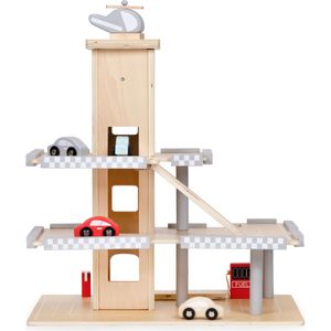 Speelgoed garage - hout - met lift en voertuigen - 43x29,5x44cm