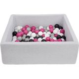 Vierkante ballenbak 90x90 cm met 150 ballen zwart, wit, paars & grijs