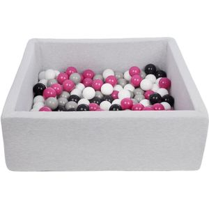 Vierkante ballenbak 90x90 cm met 150 ballen zwart, wit, paars & grijs