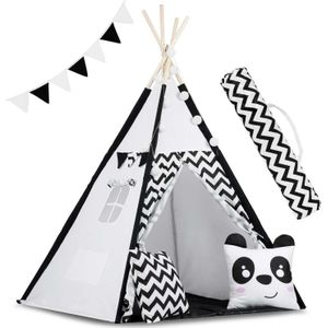 Tipi tent - Speeltent - Zwart en wit - met Kussens en Lampjes