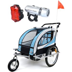 Fietskar kind - buggy - 2-zits - met schokbreker - blauw