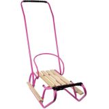 Houten slee -  met rugleuning en duwstang - 83x38 cm - roze