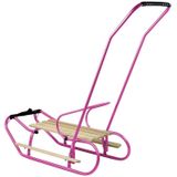 Houten slee -  met rugleuning en duwstang - 83x38 cm - roze