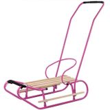 Houten slee -  met rugleuning en duwstang - 83x38 cm - roze