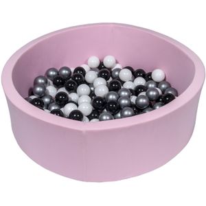 Roze ballenbak 90 cm met 150 ballen zwart, wit & zilver