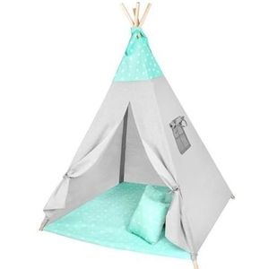 Wigwam tipi teepee tent - speeltent - 4 delig - 100% katoen - Mintgroen / stippen