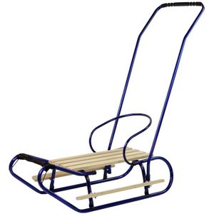 Houten slee -  met rugleuning en duwstang - 83x38 cm - blauw