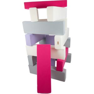 Jenga - 15 zachte speelblokken - wit, roze, grijs, lila