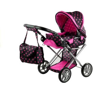 Poppenwagen met accessoires – Zwart met roze stippen -  67 x 36 x 67 cm