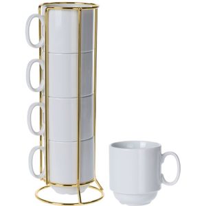 OTIX Koffiekopjes Theeglazen met Oor Set van 4 Mokkenrek Mokken met Gouden Houder 250ml Porselein
