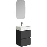 Mini onderkast met 2 laden mat zwart en wastafel keramiek glans wit 45 cm inclusief spiegel