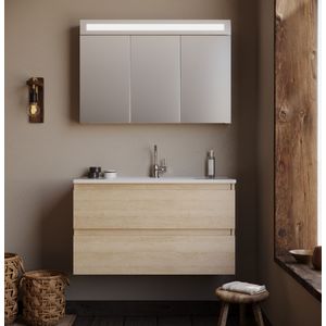 Badkamermeubel Emilia - Licht Eiken - 100x45,5x57cm - Incl. Witte Keramische Wastafel - Voorgemonteerd - Greeploos - 2 Lades - MDF