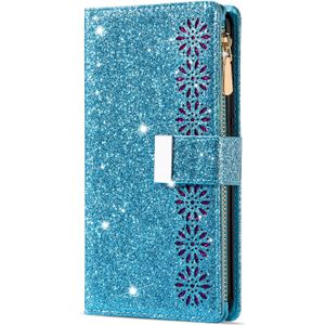 Samsung Galaxy A54 5G hoesje - Bookcase - Koord - Pasjeshouder - Portemonnee - Glitter - Bloemenpatroon - Kunstleer - Blauw