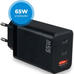 Snellader 65W - 2x USB-C PD - 1x USB-A QC 3.0 - Zwart