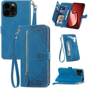 iPhone 12 Pro Max hoesje - Bookcase - Koord - Pasjeshouder - Portemonnee - Bloemenpatroon - Kunstleer - Blauw