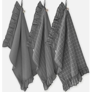 Keukenset Lovely Linen Ruffles Antraciet 3x 50x70