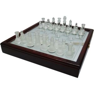 Schaakset kist glas/hout 35cm.st.zw./wit(Let op! Per Stuk!)