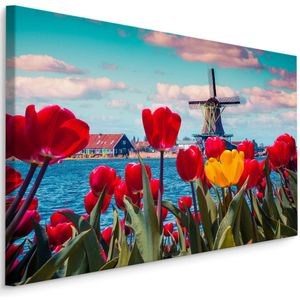 Schilderij - Hollandse tulpen en molens, multi-gekleurd, 4 maten, wanddecoratie