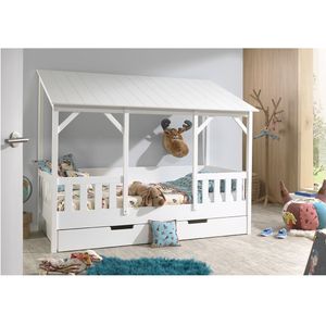 Hausbett mit 90 x 200 cm Liegefläche und Bettschublade, Korpus Weiß lackiert, Dach in Weiß