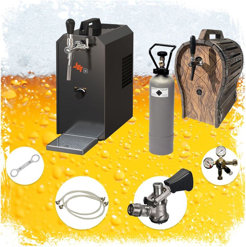 Komplett Set - Zapfanlage JET 30 Bierkoffer, Bierzapfanlage, Durchlaufkühler 1-leitig Trockenkühler, bis zu 35 Liter/h mit Holzfass, Zapfkopf:5 Liter Adapter