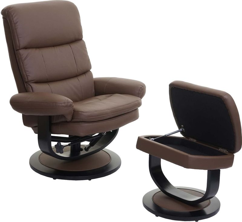 Relaxsessel MCW-C16, Fernsehsessel TV-Sessel Hocker mit Staufach, MVG-zertifiziert ~ Kunstleder taupe-braun