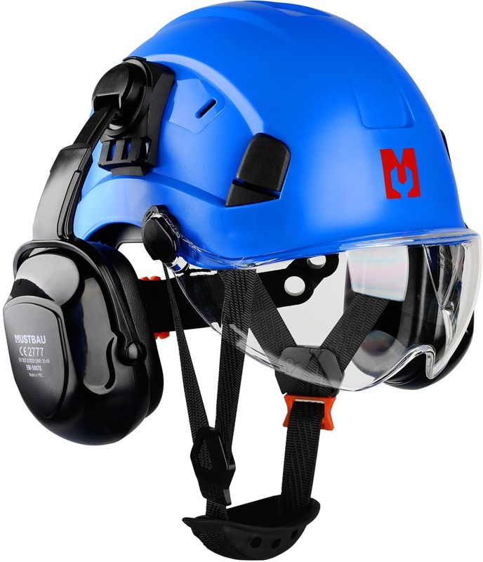 Mustbau Sicherheitshelm-Set, EN397 Schutzhelm mit Ohr- und Gesichtsschutz, verstellbares Kopfband von 53 bis 63 cm, strapazierfähiges ABS-Material
