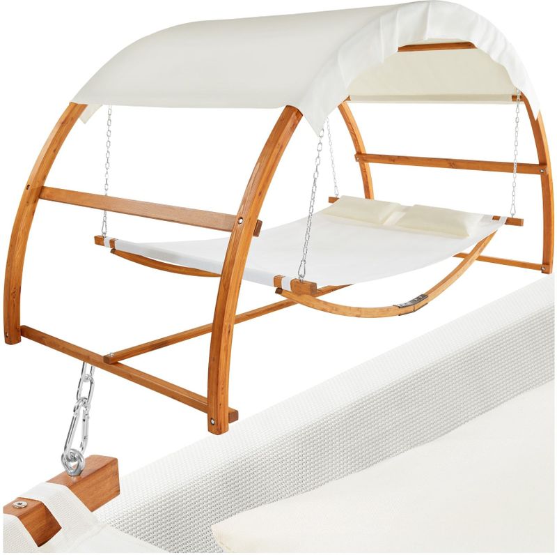 tectake® Hängematte, mit Holzgestell, für 2 Personen, für In- und Outdoor, Belastbarkeit 250 kg, 328 x 160 x 171,5 cm