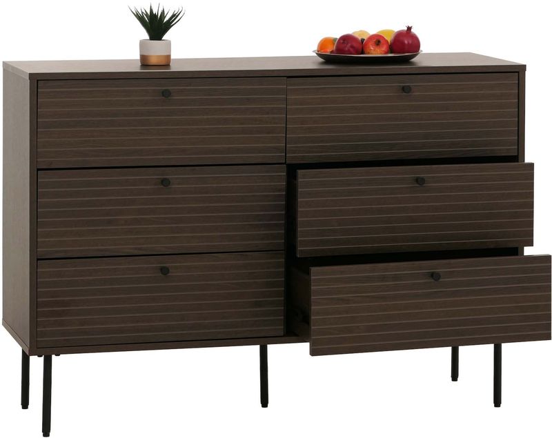 Kommode MCW-N78, Sideboard Schrank, 6 Schubladen, skandinavischer Stil Metall Holz Melamin MVG 85x120x40cm ~ dunkelbraun