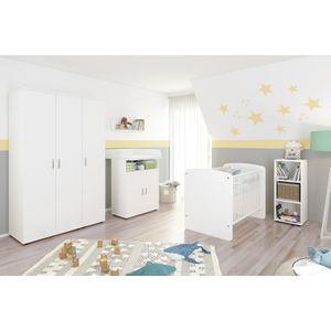 nonjoo. Babyzimmer Lunis Set 8: best. aus Babybett, Kommode, Wickelaufsatz, Wandboard, Regal mit 3 Fächern und Kleiderschrank 3-trg.