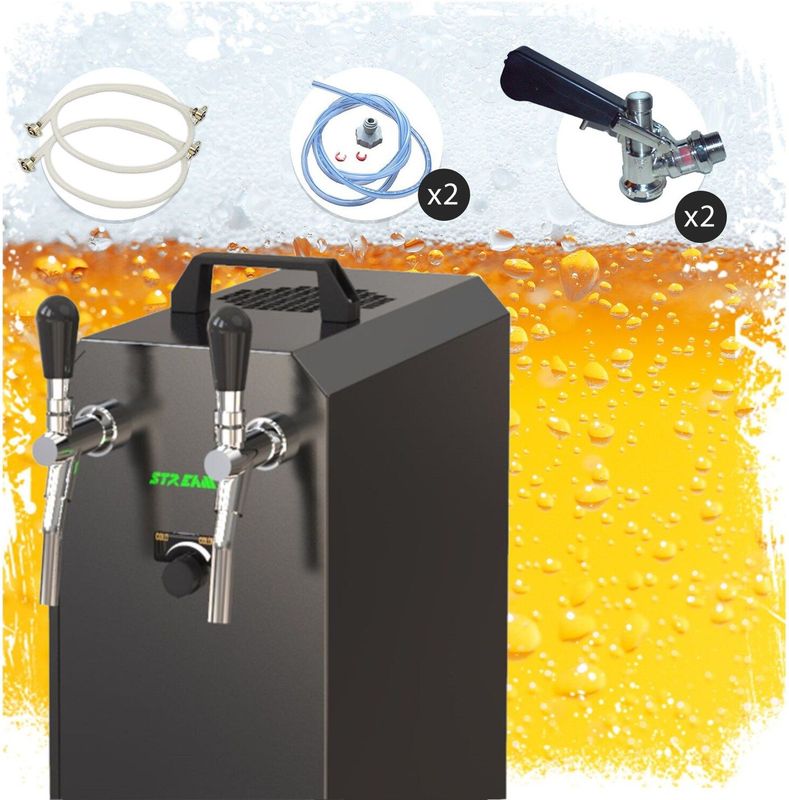 Komplett Set - Zapfanlage, Bierzapfanlage STREAM 50K mit Luftpumpe Bierkoffer, Durchlaufkühler 2-leitig Trockenkühler, bis zu 55 Liter/h - BLACK EDITION, Zapfkopf:Flach,Zapfkopf 2:5 Liter Adapter