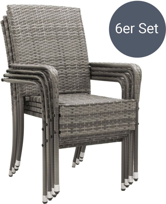 Juskys Polyrattan Gartenstühle Yoro 6er Set - Stuhl mit Armlehnen - Rattan Stühle stapelbar Grau