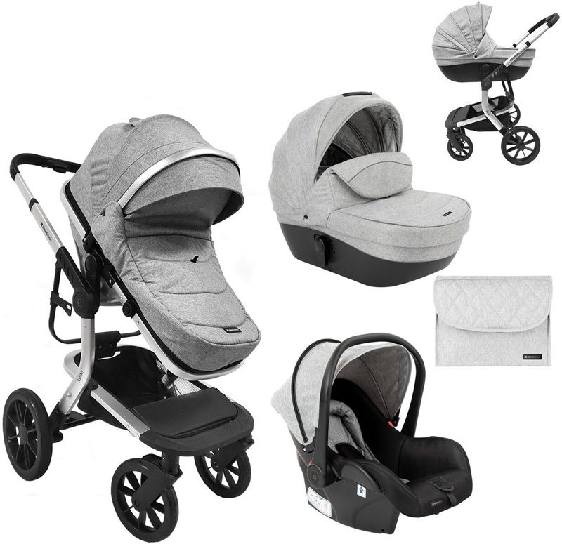 Kikkaboo Kombikinderwagen Irene 3 in 1 Babywanne Autositz Adapter Wickeltasche grau hellgrau