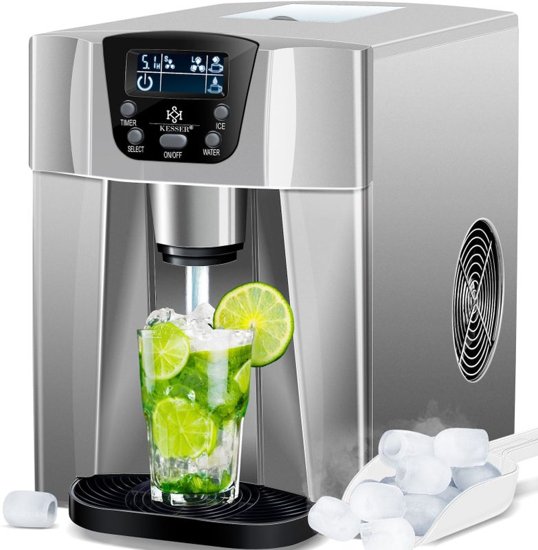 KESSER® Eiswürfelbereiter  Eiswürfelmaschine Edelstahl  100W  Ice Maker  12 kg 24 h  2 Würfelgrößen  Zubereitung in 6 min  2 Liter Wassertank  Timer  LCD-Display  Wassertank