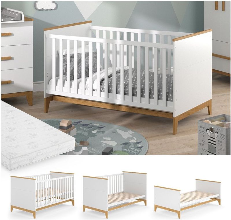 VitaliSpa Kinderbett Babybett Juniorbett Malia Weiß Eiche Matratze modern 70x140 cm Kinderzimmer Bett Babyzimmerbett Kindermöbel Babymöbel Schlupfsprossen Lattenrost Rausfallschutz Einzelbett