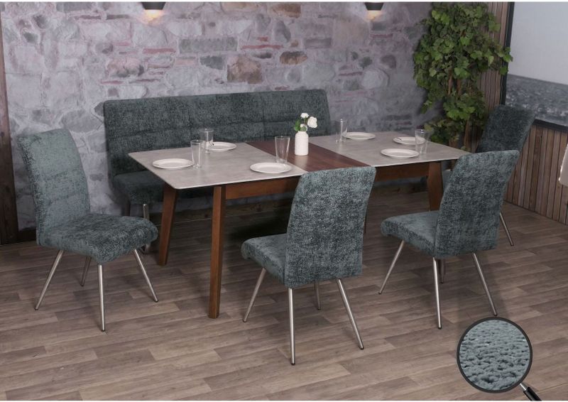 Esszimmer-Set MCW-G55, 4er-Set Stuhl + Sitzbank 180cm, Edelstahl gebürstet Stoff/Textil Chenille ~ blau-grün
