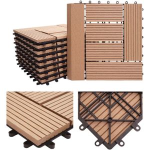 WPC Bodenfliese Sarthe + Abschluss, Holzoptik Balkon/Terrasse, 11x je 30x30cm = 1qm Premium ~ teak versetzt