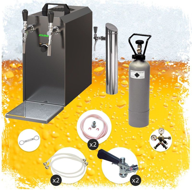 Untertheken Komplett Set - Zapfanlage, Bierzapfanlage STREAM 50 Bierkoffer, Durchlaufkühler 2-leitig Trockenkühler, bis zu 55 Liter/h - BLACK EDITION, Zapfkopf 2:Korb,Zapfkopf:KeyKeg