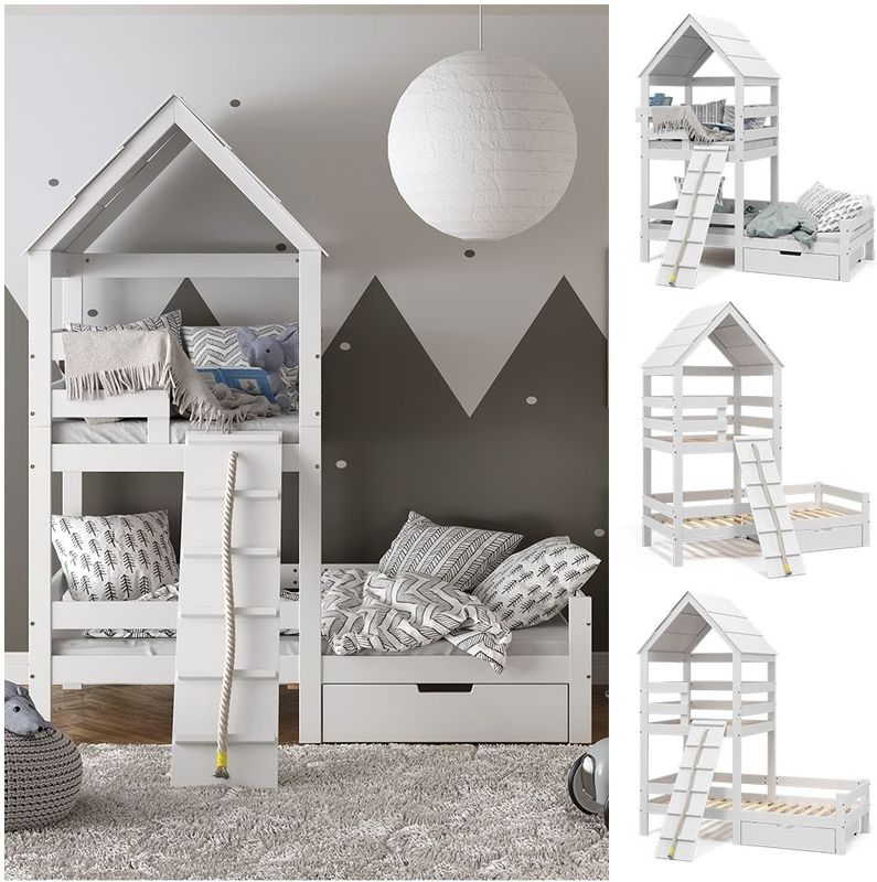 VitaliSpa Spielturmbett Kinderbett Spielbett Teddy Weiß modern 208x235 cm Massivholz Kinderzimmer Lattenrost Bett Schublade Abenteuerbett Kletterbett