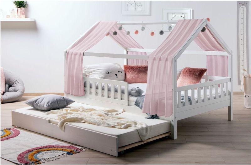 TiCAA TiCAA Kinderbett Hausbett mit Tüll Kim 90x200 cm, 100x200 cm, 120x200 cm, 140x200 für Jungen & Mädchen, inkl. Rolllattenrost, Zusatzbett und Rausfallschutz variabel, Montessori  Bett weiß aus Kiefer Massivholz