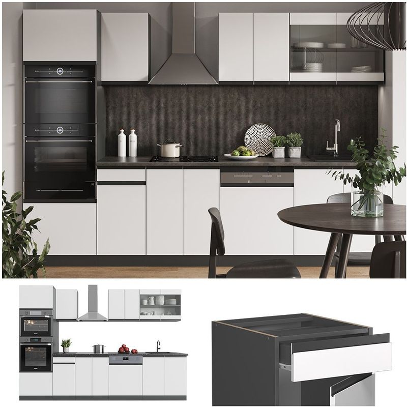 Vicco Küchenzeile Küchenblock Einbauküche R-Line J-Shape Anthrazit Weiß 300 cm modern Küchenschränke Küchenmöbel