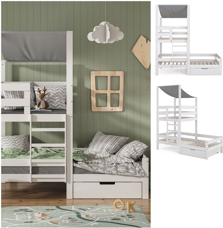 VitaliSpa Spielturmbett Kinderbett Spielbett Tom Weiß modern 204x218 cm Massivholz Kinderzimmer Lattenrost Bettleiter Bett Schublade Abenteuerbett Kletterbett