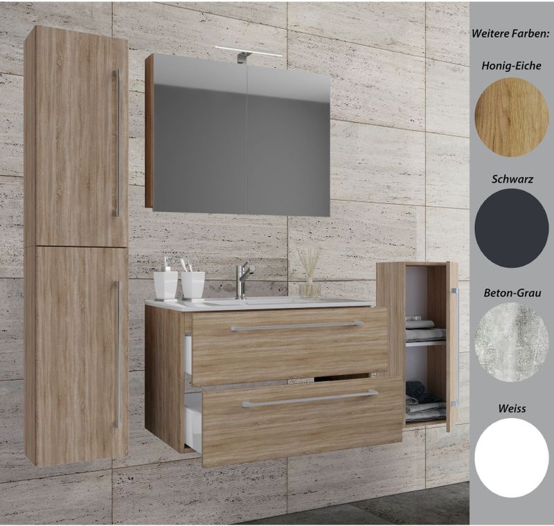 VCM 5-tlg. Set  1 Waschtisch mit zwei Schubladen, 1 Spiegelschrank, 1 Waschbecken, 1 Midischrank, 1 Hochschrank  Keramik Waschbecken  Waschplatz – Badinos SC