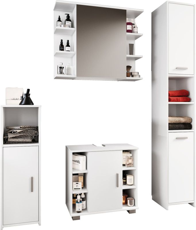VCM 4-tlg. Badmöbelset  Badmöbel  Set aus Unterschrank, Midischrank, Hochschrank und Spiegelschrank  Badezimmermöbel - Zalo II
