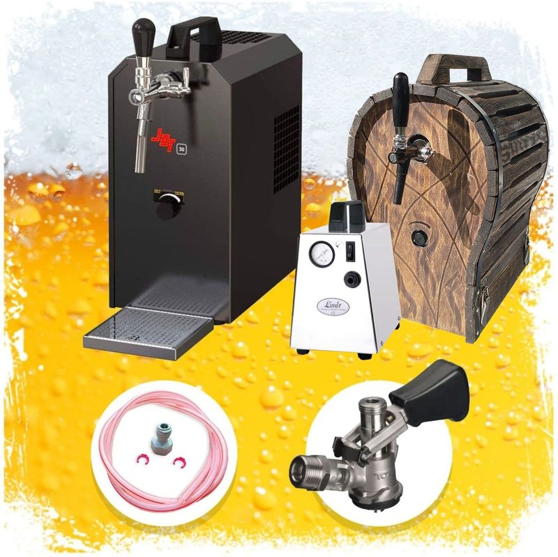 Komplett Set - Zapfanlage JET 30 Bierkoffer, Bierzapfanlage, Durchlaufkühler 1-leitig Trockenkühler, bis zu 35 Liter/h mit Holzfass, Zapfkopf:ohne