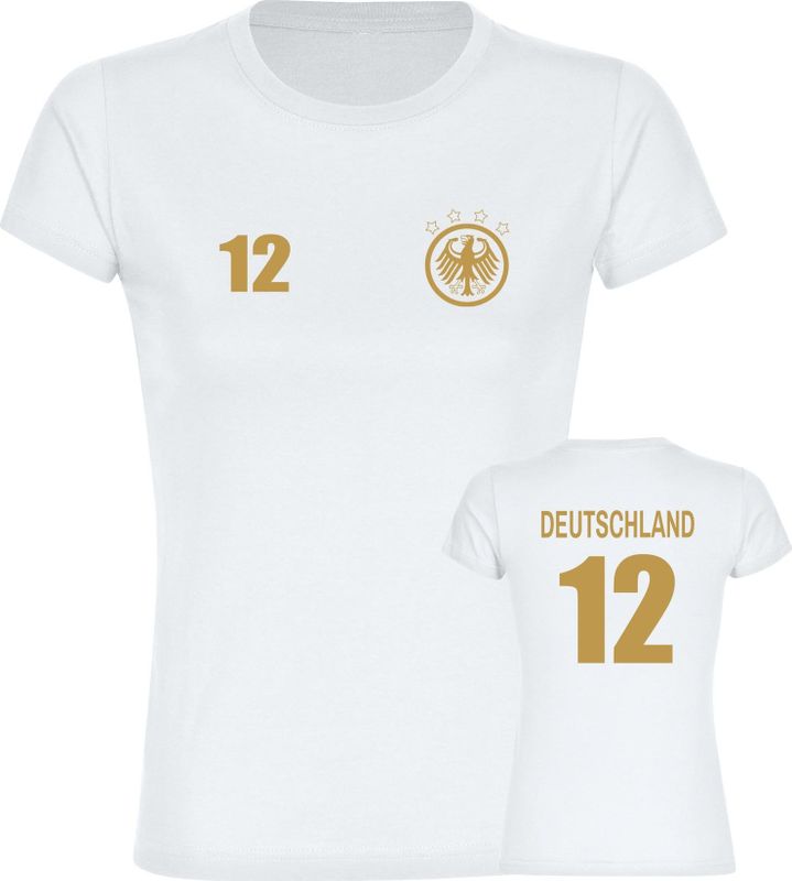 multifanshop Damen T-Shirt - Deutschland - Adler Retro Trikot 12 Gold - Druck gold metallic - Frauen