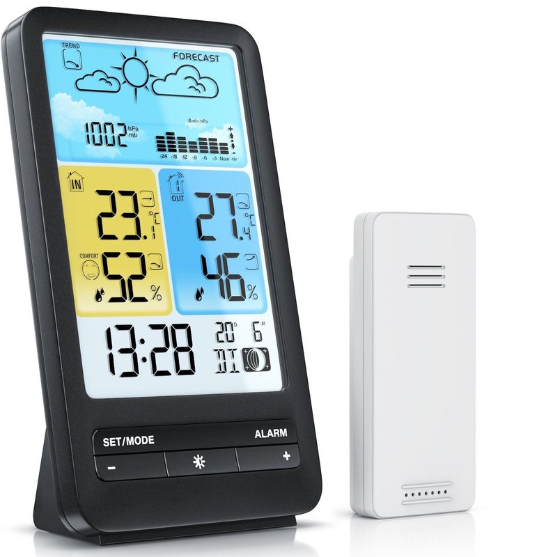 BEARWARE - Wetterstation Funk mit Farbdisplay und Außensensor - DCF Signal - DST - Innen und Außentemperatur - Temperaturwarnung Alarm Frostalarm