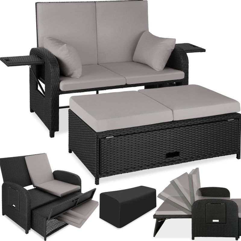 tectake® Rattan Sofa, mit Aluminiumgestell, zur Liege wandelbar, mit Stauraum und Schutzhülle